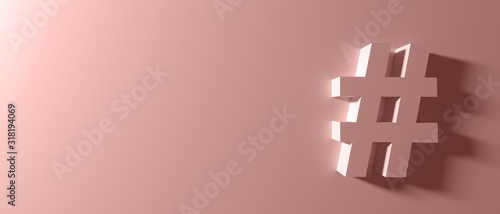 Hashtag sign on red wall background, banner, copy space. 3d illustration