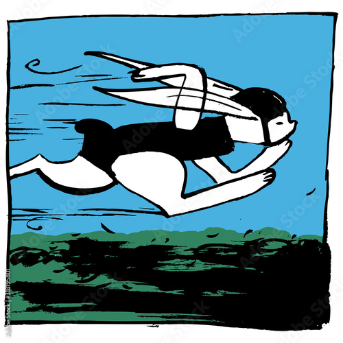 Image of the fastest rabbit in a helmet and a suit against the sky. Color illustration, can be useful in publications, packaging design, on posters and banners.