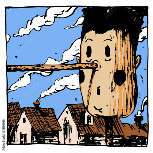 Portrait of a wooden boy with a long nose, against a background of nebas clouds and houses. Color illustration, can be useful in publications, packaging design, on posters and banners.