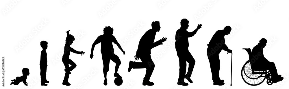 Vector silhouette of man in different age on white background. Symbol of generation from child to old person. Vector silhouette of man in different age on white background. Symbol of generation from child to old person.