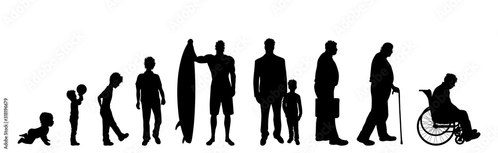 Vector silhouette of man in different age on white background. Symbol of generation from child to old person.