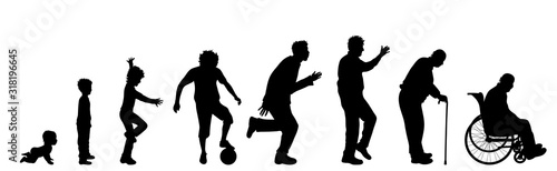 Vector silhouette of man in different age on white background. Symbol of generation from child to old person.