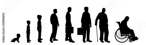 Vector silhouette of man in different age on white background. Symbol of generation from child to old person.