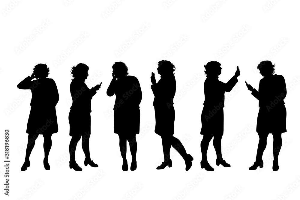 Vector silhouette of obese middle age women on white background. Symbol of lady with cell phone in different pose.