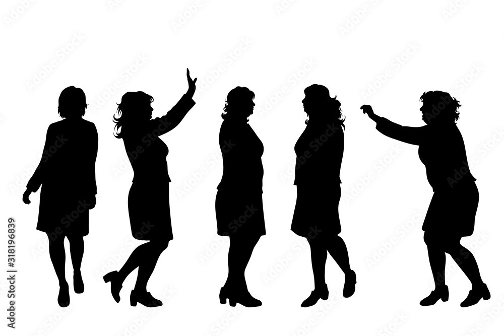 Vector silhouette of obese middle age women on white background. Symbol of lady in different pose.