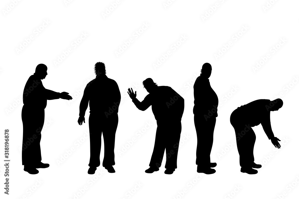 Vector silhouette of obese old age men on white background. Symbol of grandfather in different pose.