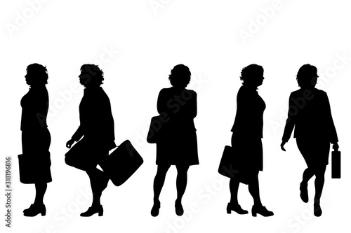 Vector silhouette of obese middle age women on white background. Symbol of businesswomen in different pose.