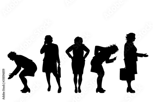 Vector silhouette of obese middle age women on white background. Symbol of elderly lady in different pose.