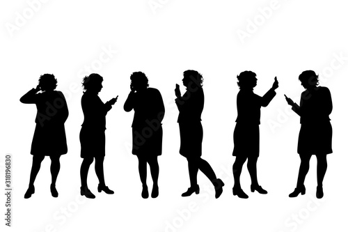 Vector silhouette of obese middle age women on white background. Symbol of lady with cell phone in different pose.