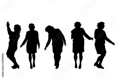 Vector silhouette of obese women on white background. Symbol of elderly lady in different pose.