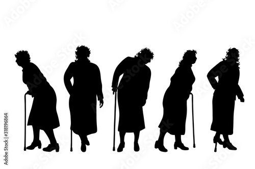 Vector silhouette of obese old age women on white background. Symbol of lady in different pose with stick.