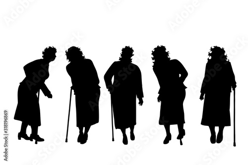 Vector silhouette of obese old age women on white background. Symbol of lady in different pose with stick.