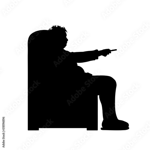 Vector silhouette of obese old age women sitting in the chair and watching TV on white background.