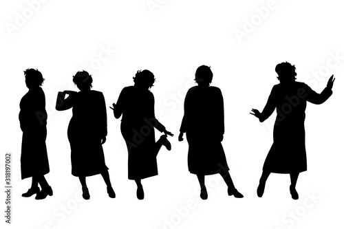 Vector silhouette of obese middle age women on white background. Symbol of person in different pose.