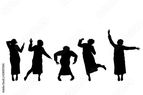 Vector silhouette of obese middle age women on white background. Symbol of person in different pose.