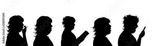 Vector silhouette profile face of obese woman in different pose on white background.