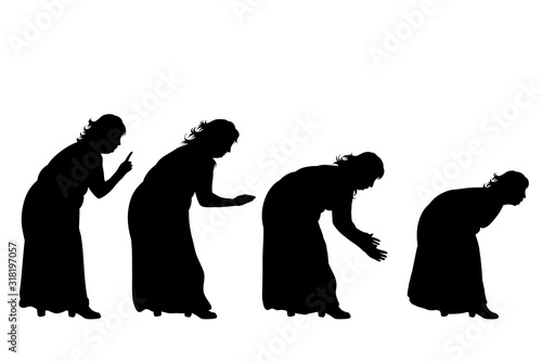 Vector silhouette of obese middle age women on white background. Symbol of lady in different pose.
