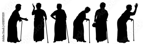 Vector silhouette of obese old age women on white background. Symbol of lady in different pose with stick.