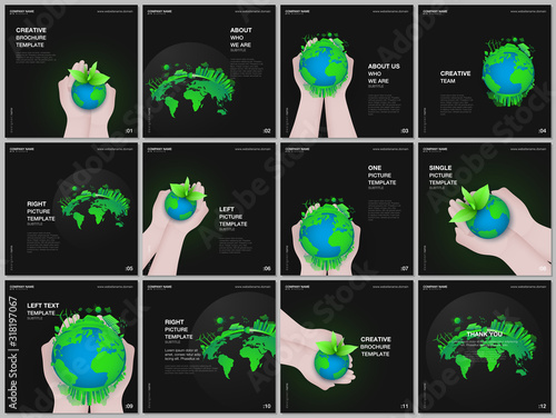 Brochure layout of square format covers design templates for square flyer leaflet, brochure design, report, magazine cover. Green world globe in the hands of man. Earth planet health care concept.