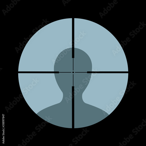 Headshot - sniper and marksman is shooting on the head of man, person and hostile enemy - lethal attack, assault and  assassination. Vector illustration.