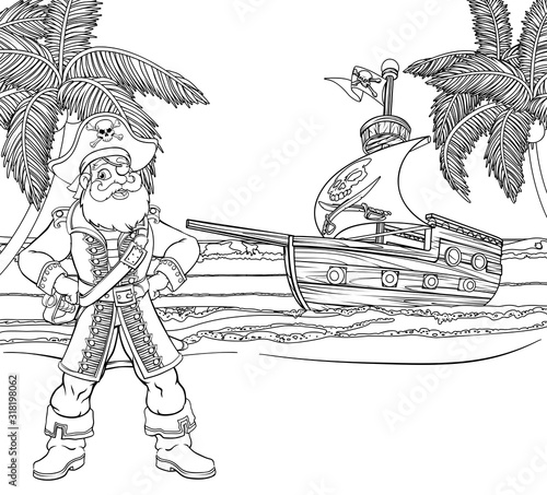 A pirate captain cartoon character on a tropical beach or island with a ship sailing in the background. In black and white outline like a coloring book page.