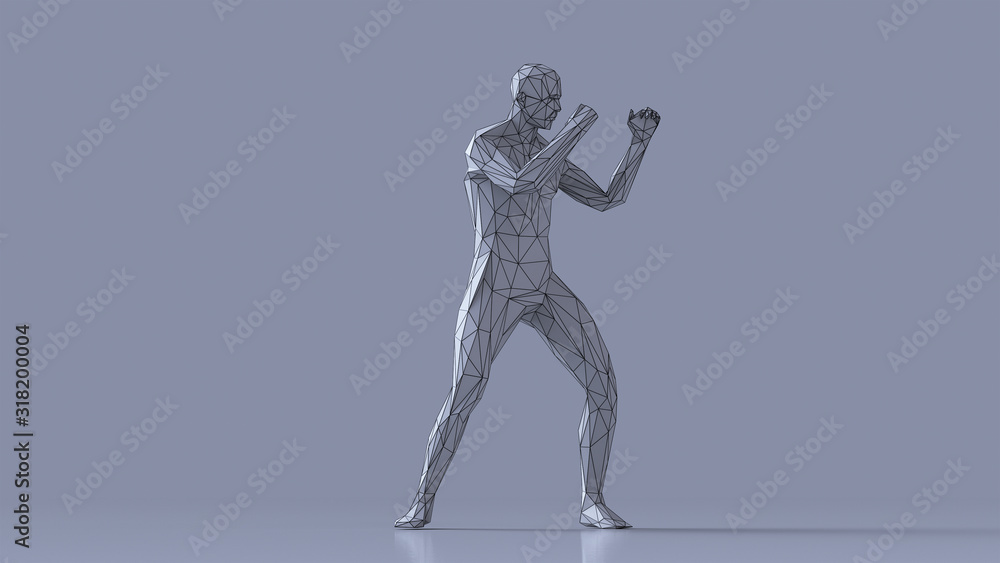3d render minimalist low poly boxer with thin black line on white background. 3d render minimalist low poly boxer with thin black line on white background.