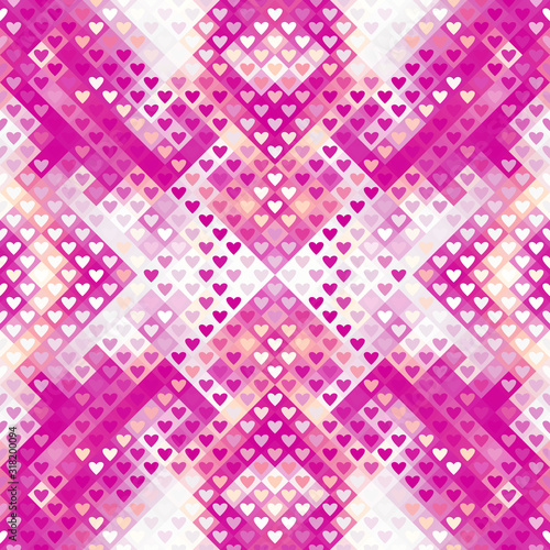 Abstract geometric pattern in low poly style. Pink hearts. Vector image.