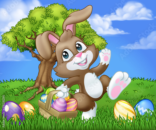 Easter bunny rabbit cartoon character holding a basket full of painted Easter eggs in a field of grass.