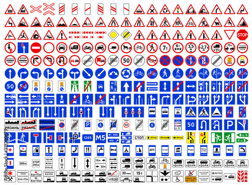 Collection of road signs in Russia. Three hundred highly detailed and fully editable vector European road signs with details. Danger signs, obligations, warnings. Additional table. Routing table. Russ