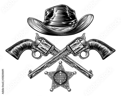 Cowboy hat with sheriff badge and a two crossed pistol hand guns drawn in a vintage retro woodcut etched or engraved style