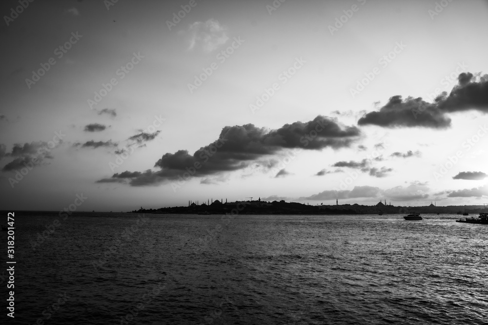 black and white photo of historical peninsula of Istanbul with cloudy sky