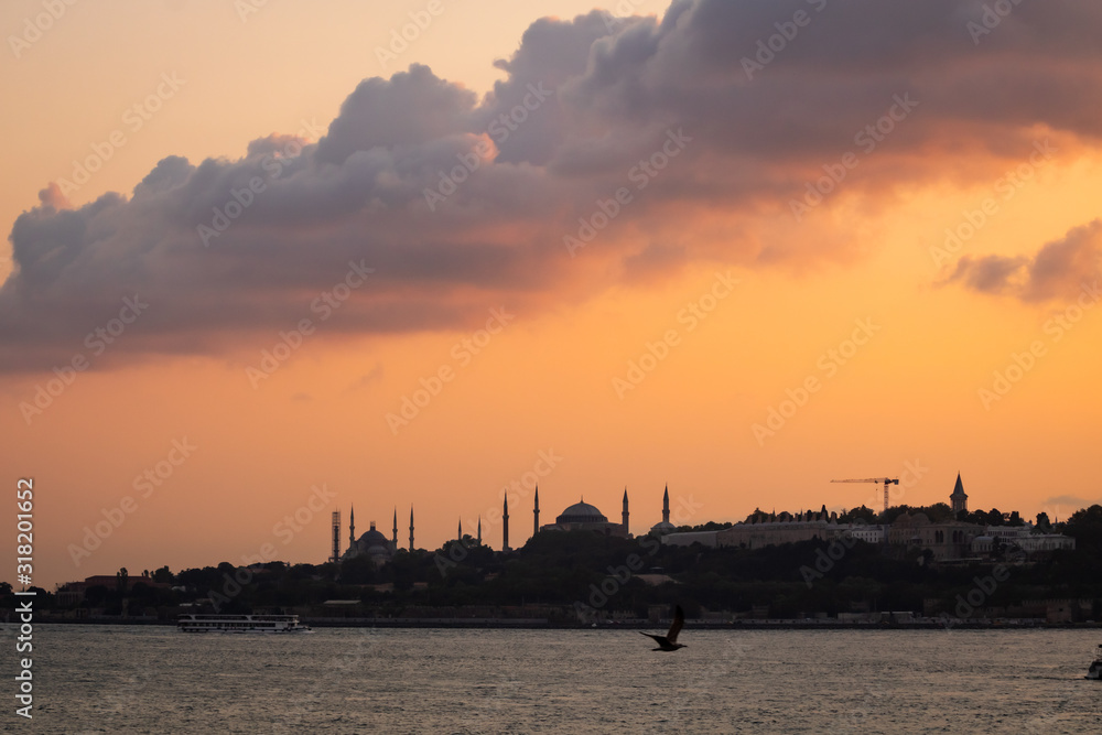 Silhouette of Istanbul with Clouds at sunset