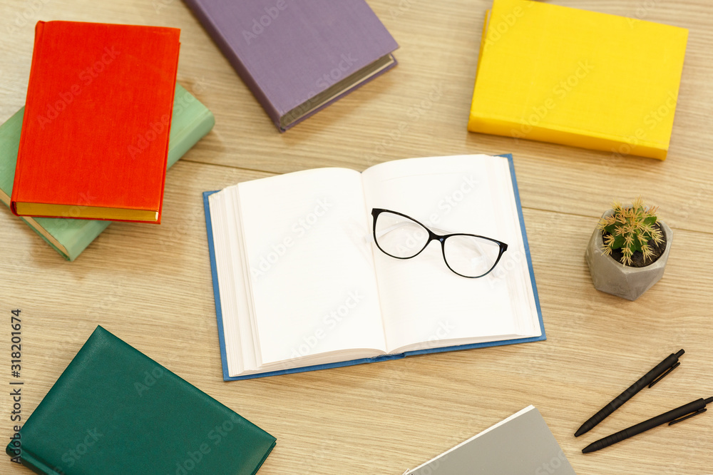 Opened book close up with glasses and cactus Opened book close up with glasses and cactus