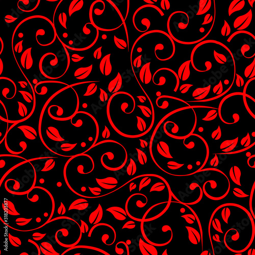seamless pattern in black and red with curls and plant elements