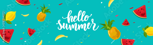 Hello summer hand lettering text as logotype, label, badge, icon, postcard, card, invitation, banner template. Special summer sale typography poster. Vector illustration.