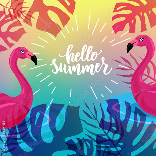 Hello summer hand lettering text as logotype, label, badge, icon, postcard, card, invitation, banner template. Special summer sale typography poster. Vector illustration.