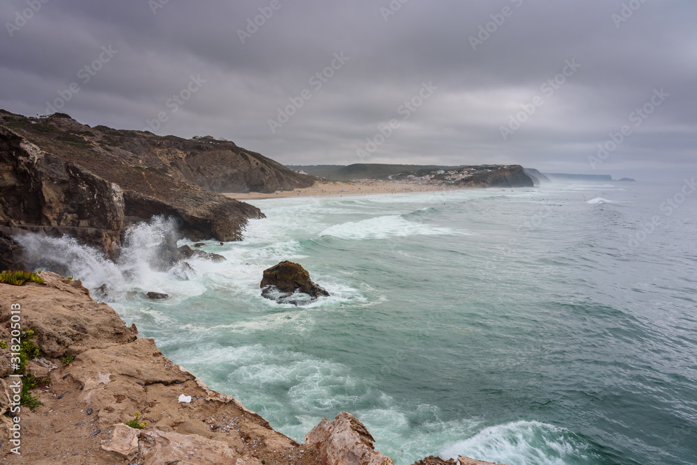Coast in Portugal, coast with big waves in South-West Alentejo and Costa Vicentina Natural Park, Portuga, Aljezur.