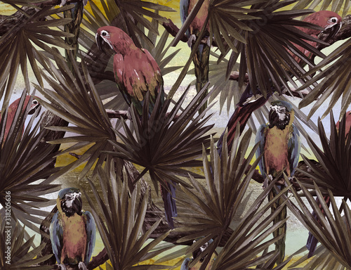 Tropical seamless pattern with  banana leaves and parrots. Luxury background.  Acrylic Painted Print photo