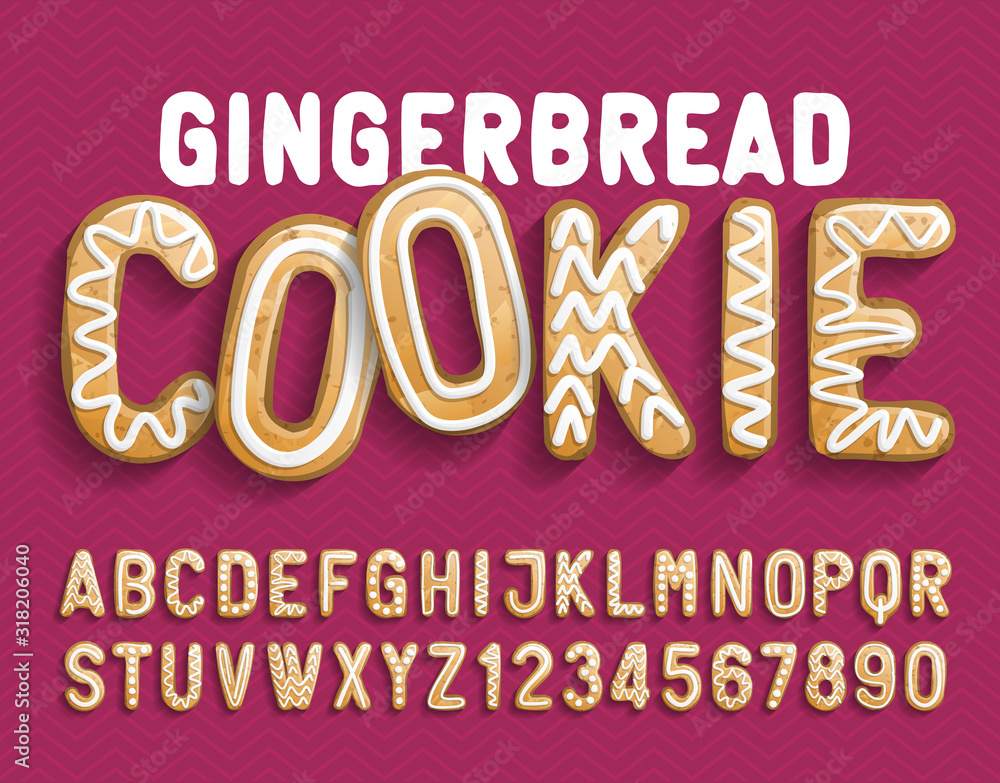 Christmas Gingerbread Cookie alphabet font. Cartoon letters and numbers with shadow. Holiday vector illustration for your design.