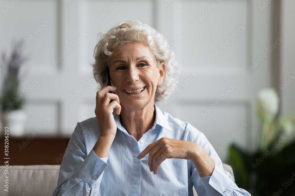 Happy mature older grandmother chatting with grownup children. Happy mature older grandmother chatting with grownup children.