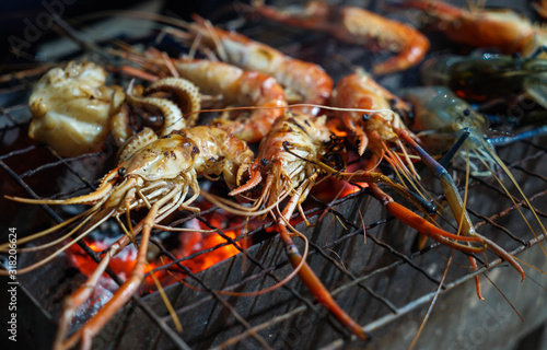 Roasted river prawn in dinner party at Phetchaburi Province, Thailand.