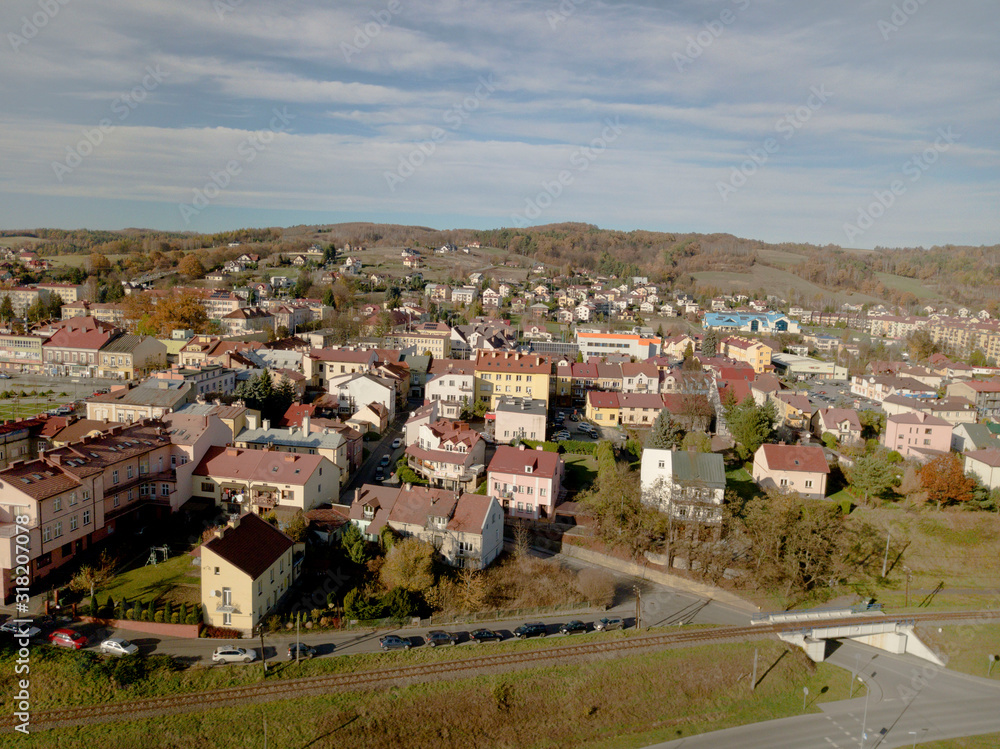 Strzyzow, Poland - 9 9 2018: Photograph of the old part of a small town from a bird's flight. Aerial photography by drone or quadrocopter. Advertise tourist places in Europe. Planning a medieval town