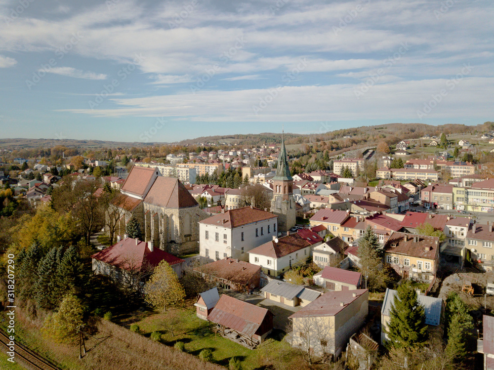 Strzyzow, Poland - 9 9 2018: Photograph of the old part of a small town from a bird's flight. Aerial photography by drone or quadrocopter. Advertise tourist places in Europe. Planning a medieval town