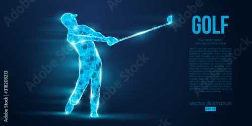 Silhouette of a golf player, golfer from particles on blue background. All elements on a separate layers color can be changed to any other. Low poly neon wire outline geometric. Vector illustration