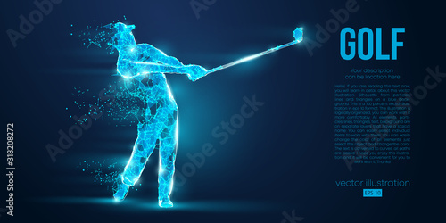 Silhouette of a golf player, golfer from particles on blue background. All elements on a separate layers color can be changed to any other. Low poly neon wire outline geometric. Vector illustration photo
