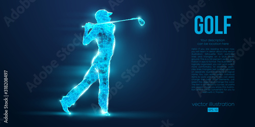 Silhouette of a golf player, golfer from particles on blue background. All elements on a separate layers color can be changed to any other. Low poly neon wire outline geometric. Vector illustration