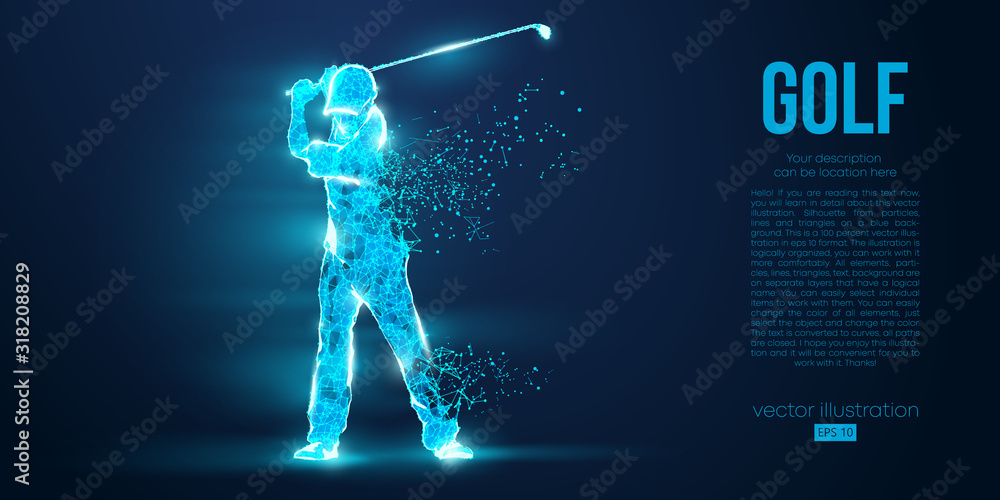 Silhouette of a golf player, golfer from particles on blue background. All elements on a separate layers color can be changed to any other. Low poly neon wire outline geometric. Vector illustration Silhouette of a golf player, golfer from particles on blue background. All elements on a separate layers color can be changed to any other. Low poly neon wire outline geometric. Vector illustration