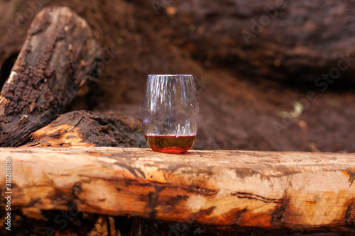 Obraz na płótnie A glass of brown spirit in the centre standing on a rough wooden rack against the background of a trunk of a lying tree in the open air