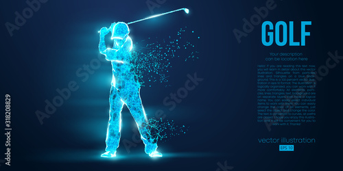 Silhouette of a golf player, golfer from particles on blue background. All elements on a separate layers color can be changed to any other. Low poly neon wire outline geometric. Vector illustration