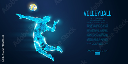 Abstract silhouette of volleyball player man, male with volleyball ball. All elements on a separate layers color can be changed to any other. Low poly neon wire outline geometric. Vector illustration